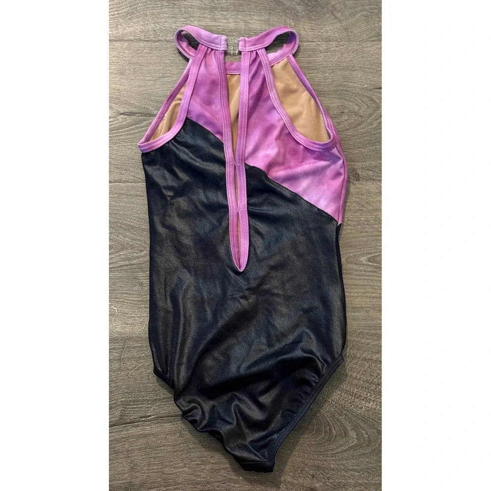 Kyla Ross Sylvia P Girls Gymnastics Leotard Purple Black Sequin High Neck Halter